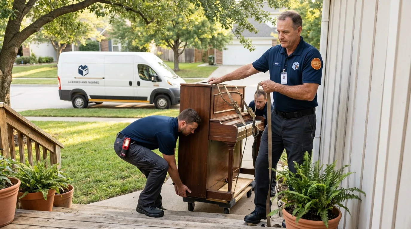 Licensed piano movers securing grand piano in Oregon City, OR