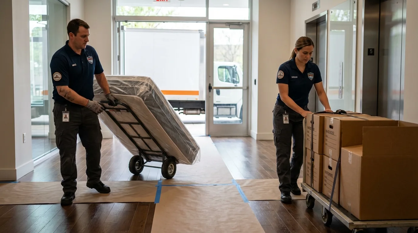 Professional apartment movers loading elevator in Oregon City, OR